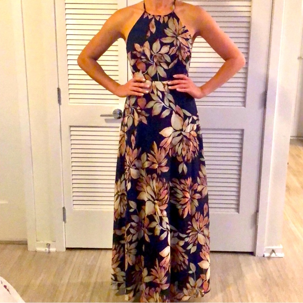 Strappy Navy Blue Floral Maxi Dress with Lining